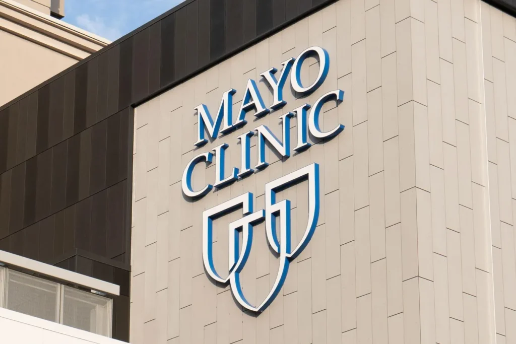 Mayo Clinic logo on building exterior.