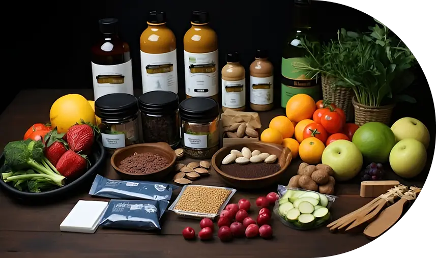 An arrangement of natural ingredients and supplements on a table.