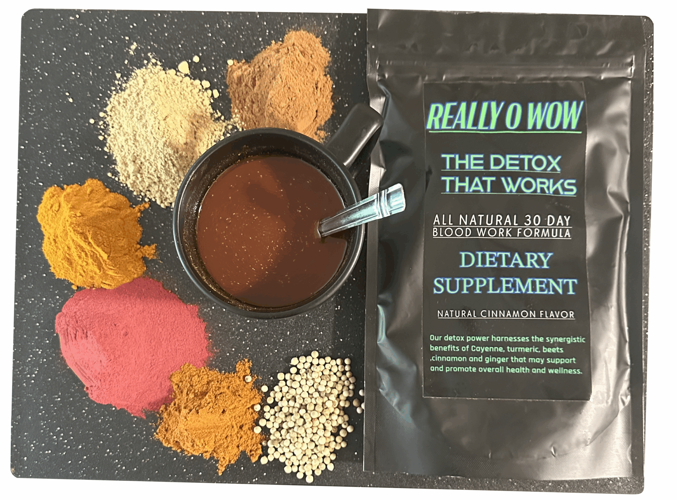 A packet of dietary supplement powder with colorful spices around it.